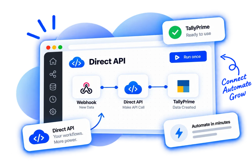 A Balancely step between a webhook and TallyPrime in Direct API