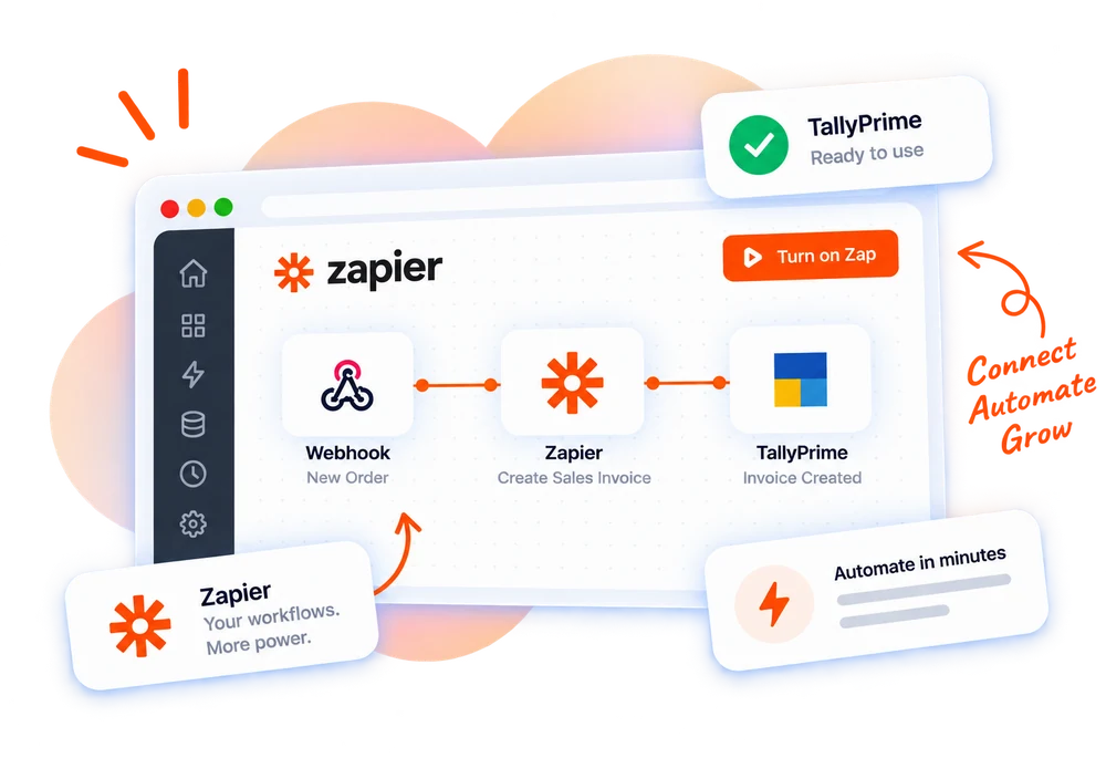 A Balancely step between a webhook and TallyPrime in Zapier